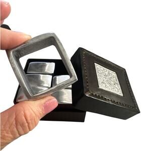 Rare Stitched Leather Box with Six Stainless Napkin Holders